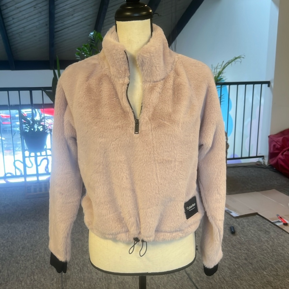 Calvin Klein Performance faux fur light pink zip pullover sweater